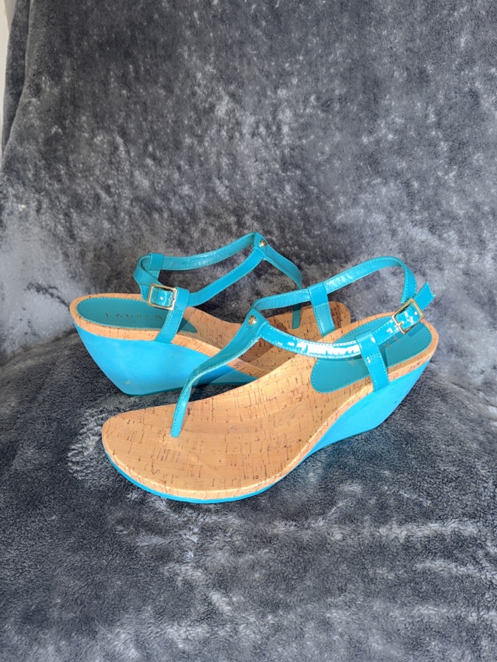 Lauren Ralph Lauren Rosalia Cork Wedge Sandals Aster Blue Patent Size 11 - NWT